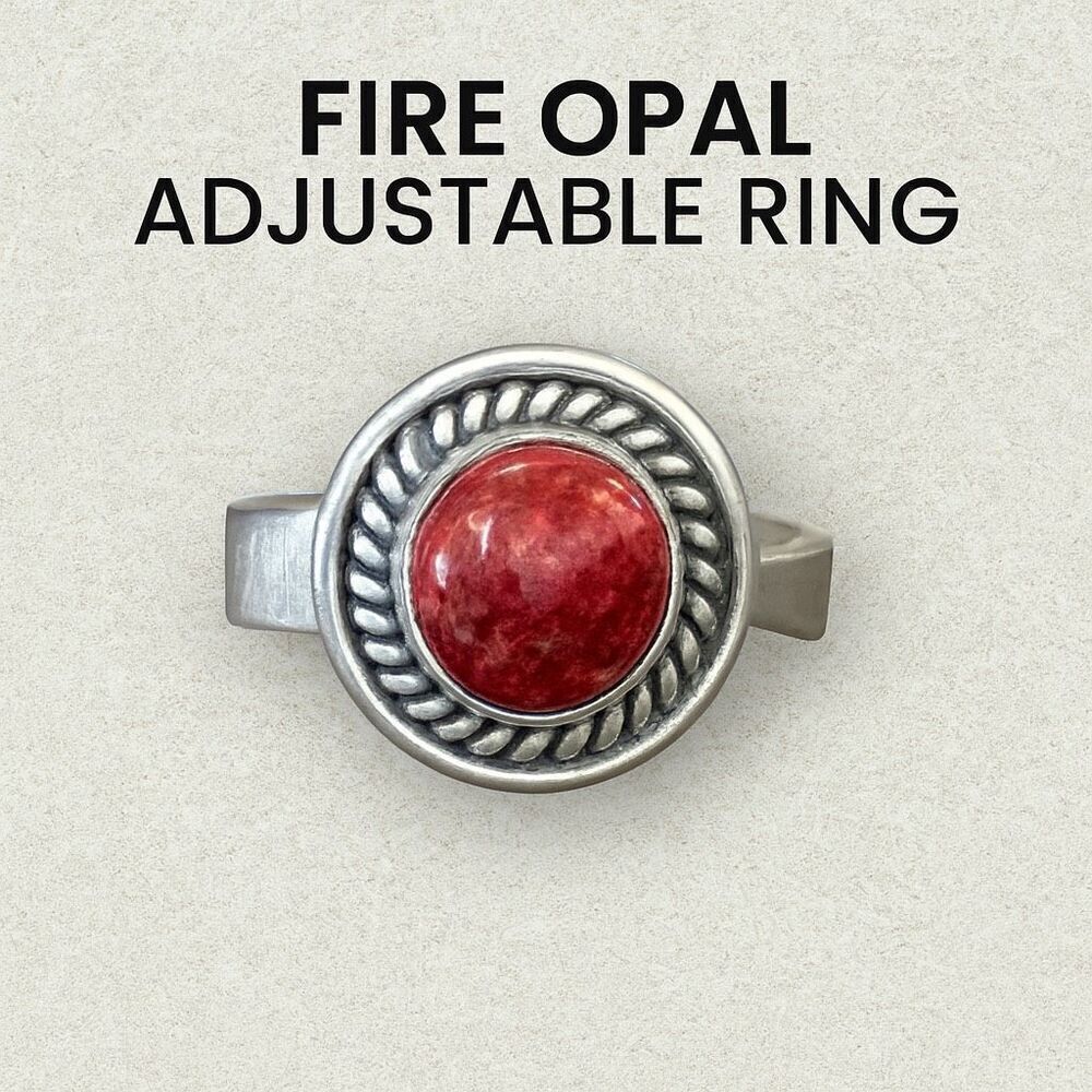 Western Sterling Silver Fire Opal Ring – Adjustable Band, Twisted Rope Bezel New